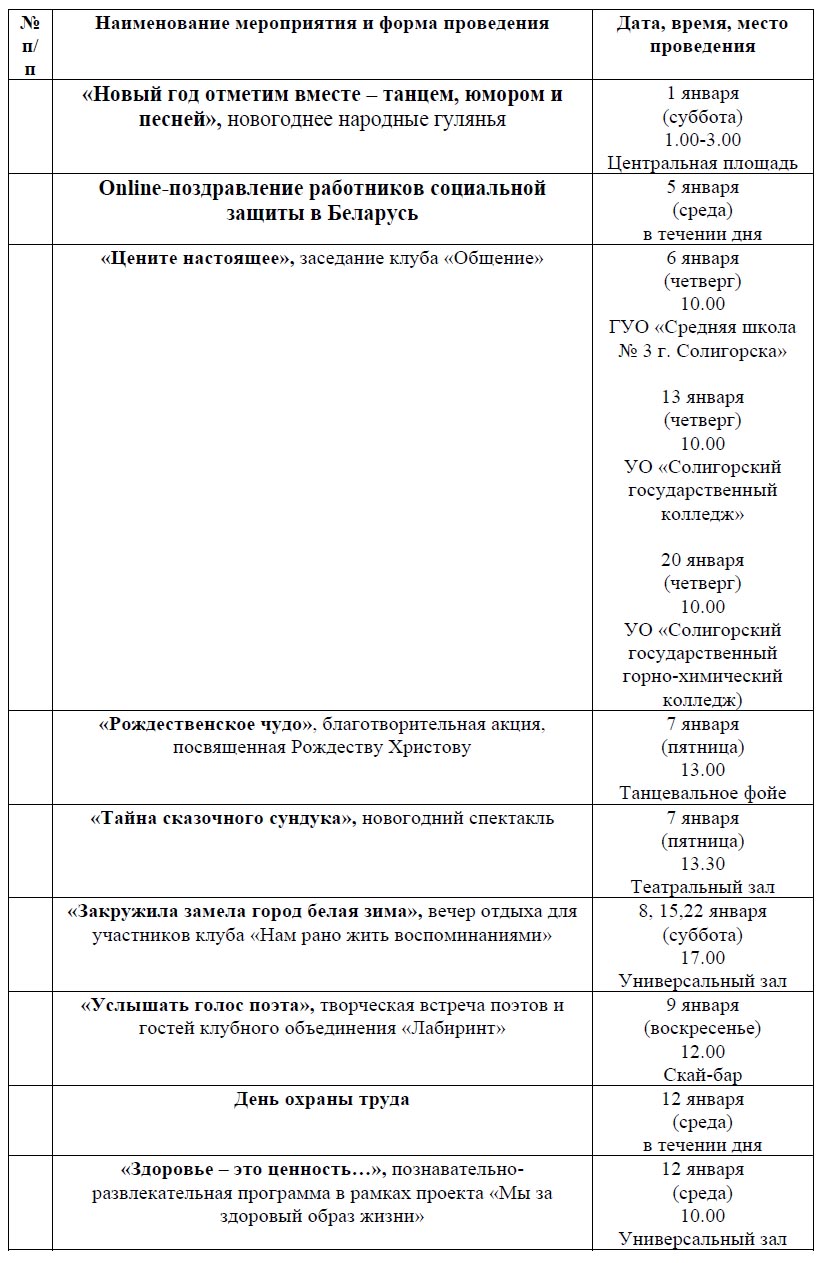 План мероприятий на январь 2022 год — ГУ 